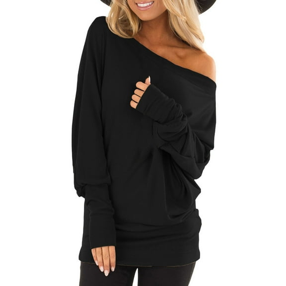 Women's T-Shirts Long Sleeve Womens Fall Tops Autumn Pure Skew Collar Bottom Blouses Casual Black 2XL