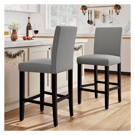 Bar Stools Set of 2, 24.8 Inch Upholstered Fabric Counter Height Stools, Modern Kitchen Island Wood Bar Chairs Barstools with Backrest and Solid Wood Legs, Grey