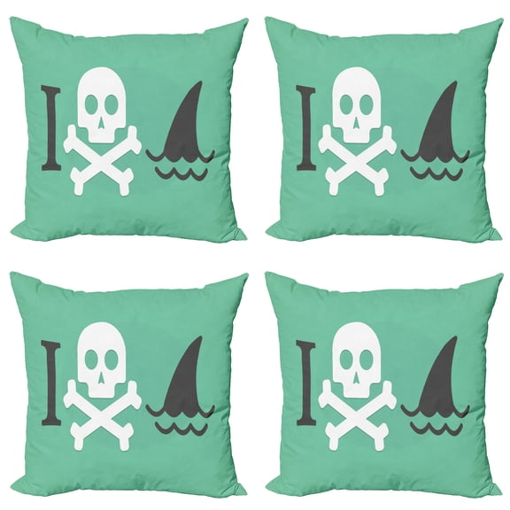 Ambesonne Green Throw Pillow Cover 4 Pack, Skull Shark Marine Words, 20", Green White