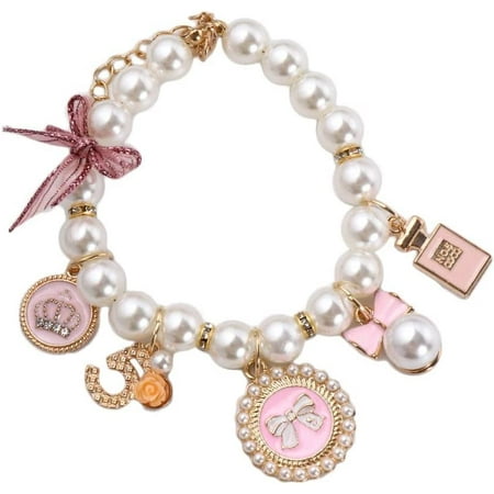 Pink Medium Dog Pearl Collars Pet Pearl Dog Princess Bow Necklace Cute Collar Puppy Accessories Cat Jewelry Pearl Neck Strap for Dog Cat (M) C43