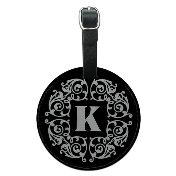 Letter K Initial Black White Scrolls Round Leather Luggage ID Tag Suitcase