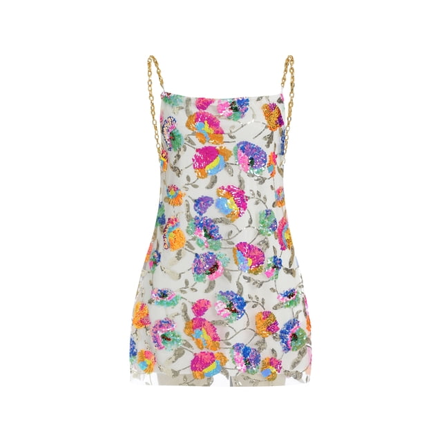 SAYOO Vestido corto informal con tirantes y cadena para mujer, con cuello en V, sin espalda, con lentejuelas SAYOO Casual