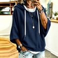 thumbnail image 2 of hlysgo Womens Knit Hoodie Batwing 3/4 Bell Sleeves Oversized Sweatshirts with Kangaroo Pocket Lightweight Casual Pullover Tops Blue,M, 2 of 6