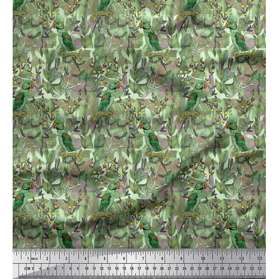 Soimoi Cotton Duck Fabric Leaves, & Parrot Bird Printed Fabric 1 Yard 42 Inch Wide