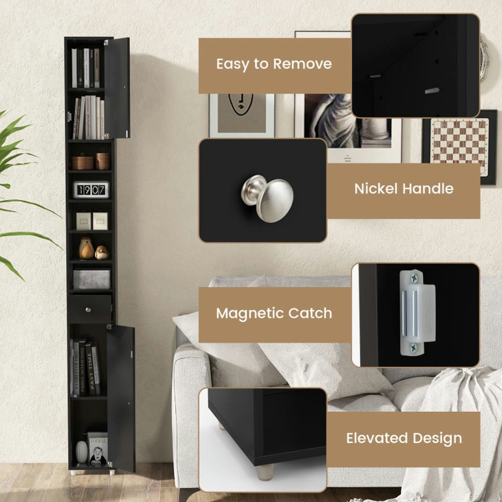 Finihen Bathroom Storage Cabinet, Bathroom Floor Cabinet, Freestanding Slim Bathroom Cabinet with Drawer and Adjustable Shelves, for Bathroom, Living Room, Bedroom, Kitchen, Black Finihen Bathroom Storage Cabinet, Bathroom Floor Cabinet, Freestanding Slim Bathroom Cabinet with Drawer and Adjustable Shelves, for Bathroom, Living Room, Bedroom, Kitchen, Black