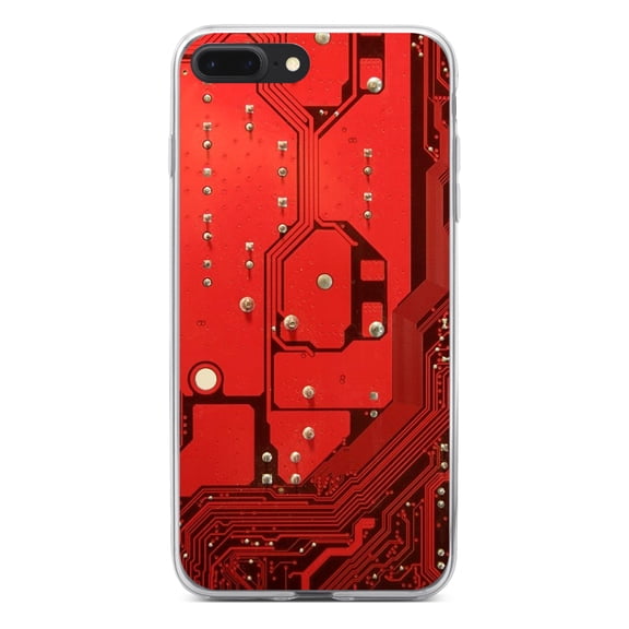 DistinctInk Clear Shockproof Hybrid Case for iPhone 7 PLUS / 8 PLUS (5.5" Screen) - TPU Bumper, Acrylic Back, Tempered Glass Screen Protector - Red Circuit Board Image - Printed Circuit Board Image