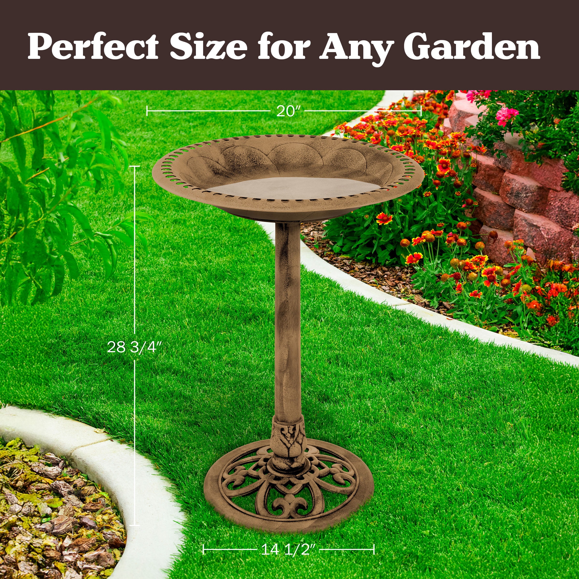 Pure Garden Antique Bird Bath – 28.75” Weather-Resistant Pedestal Bowl with Stakes, Bronze