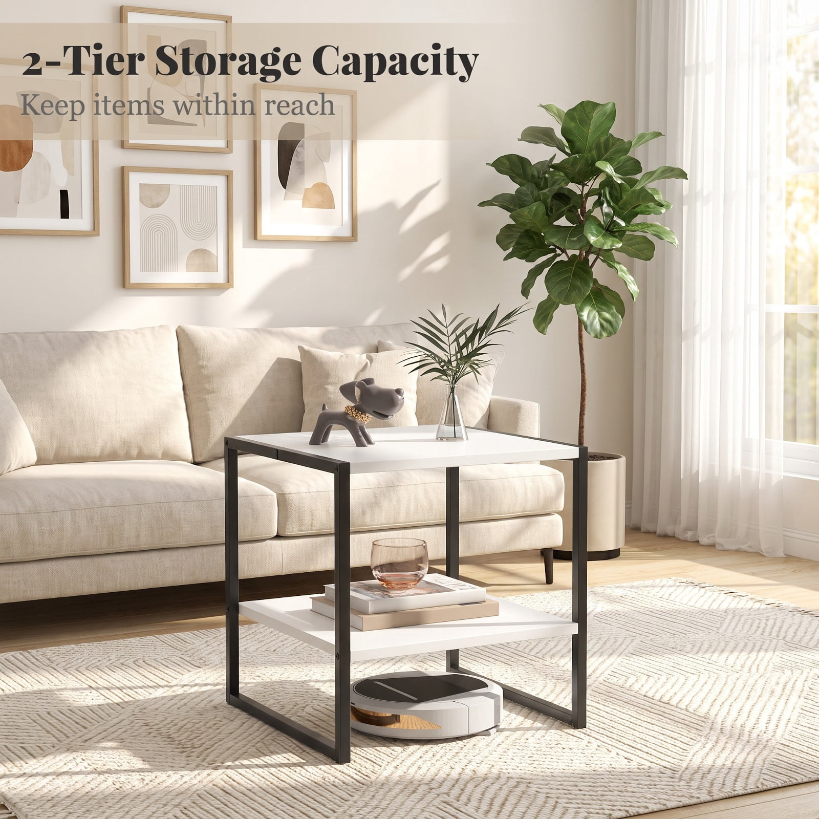 Furnibear 2 Tier Square End Table with Reversible Storage Shelf and Sleek Modern Finish for Living Room and Bedroom, White