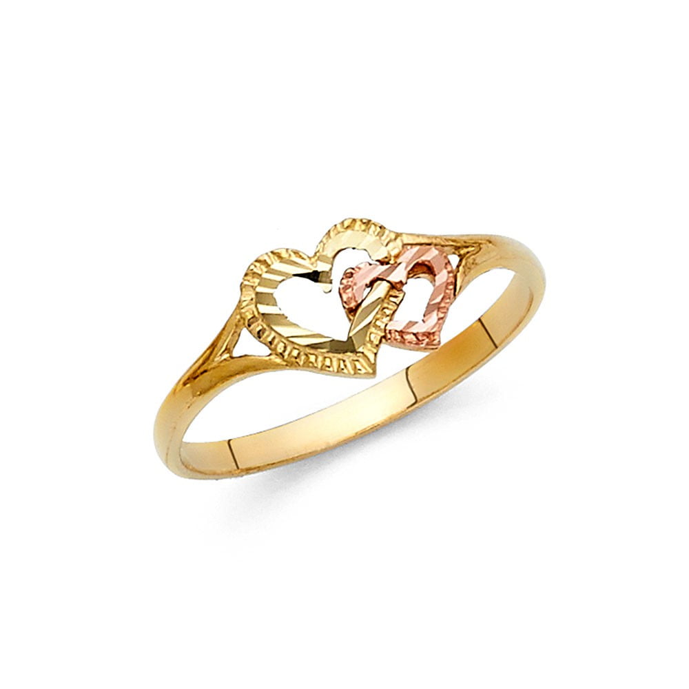 14k Two Tone Solid Italian Gold Diamond Cut Connected Heart Ring 7mm ...