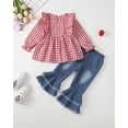 thumbnail image 5 of Kucnuzki 3T Toddler Girl Outfit Set 4T Kid Child Clothes Ruffle Long Sleeves Plaid Print Top Strawberry Pullover Tops Flared Denim Pants Sets 2pcs Clothing Red, 5 of 10