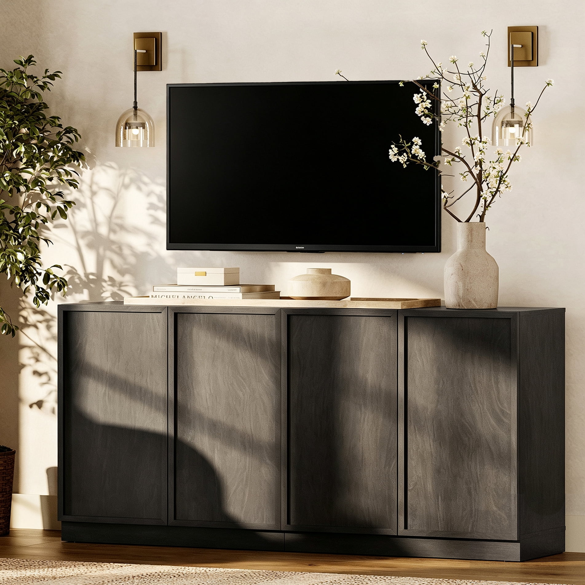 WAMPAT Modern TV Stand for TVs Up to 70", 2-in-1 Entertainment Center TV Console with 4 Doors and Adjustable Shelf, Wooden Media Console Cabinet for Living Room, Bedroom, Black