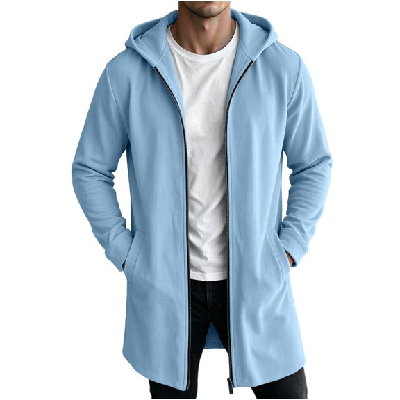 QSAWXQZ Men's Long Hooded Coat Full Zip Long Sleeve Pockets Jacket Casual Winter Outerwear XL