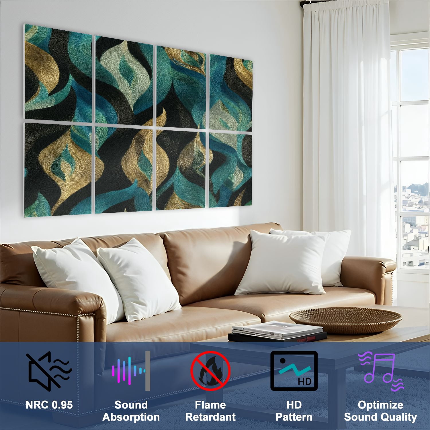 8 Pack Art Acoustic Panels Sound Absorbing Abstract Geometric Bold Lines Decorative Soundproof Wall Panels Self Adhesive for Nursery Game Room Bedroom 48"x32"