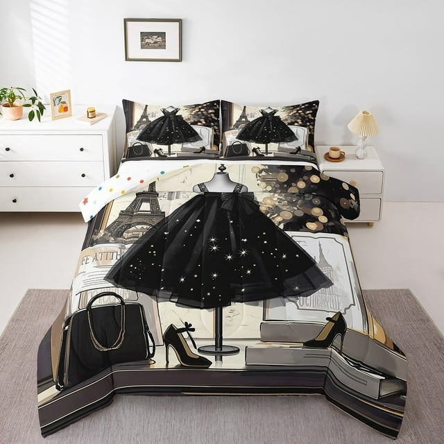 Ensemble de Literie Robe Noire Taille Simple Moderne Mode Ensemble de Couette Tour Eiffel Thème Paris Literie Ensembles de Couette Mode Femme Robe Insert de Couette Filles Talons Hauts Noirs Décor de Maquillage Romantique Couette