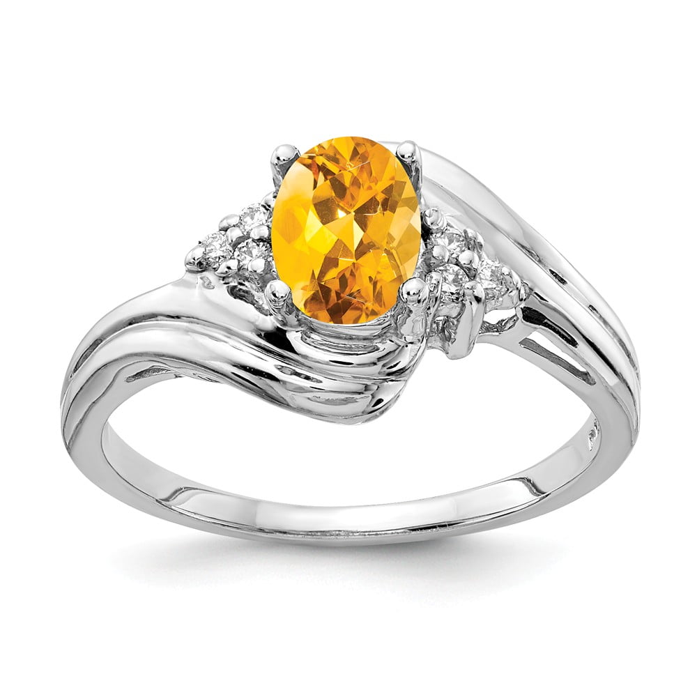 Solid 14k White Gold 7x5mm Oval Citrine Yellow November Gemstone Diamond  Engagement Ring Size 7 (.06 cttw.)