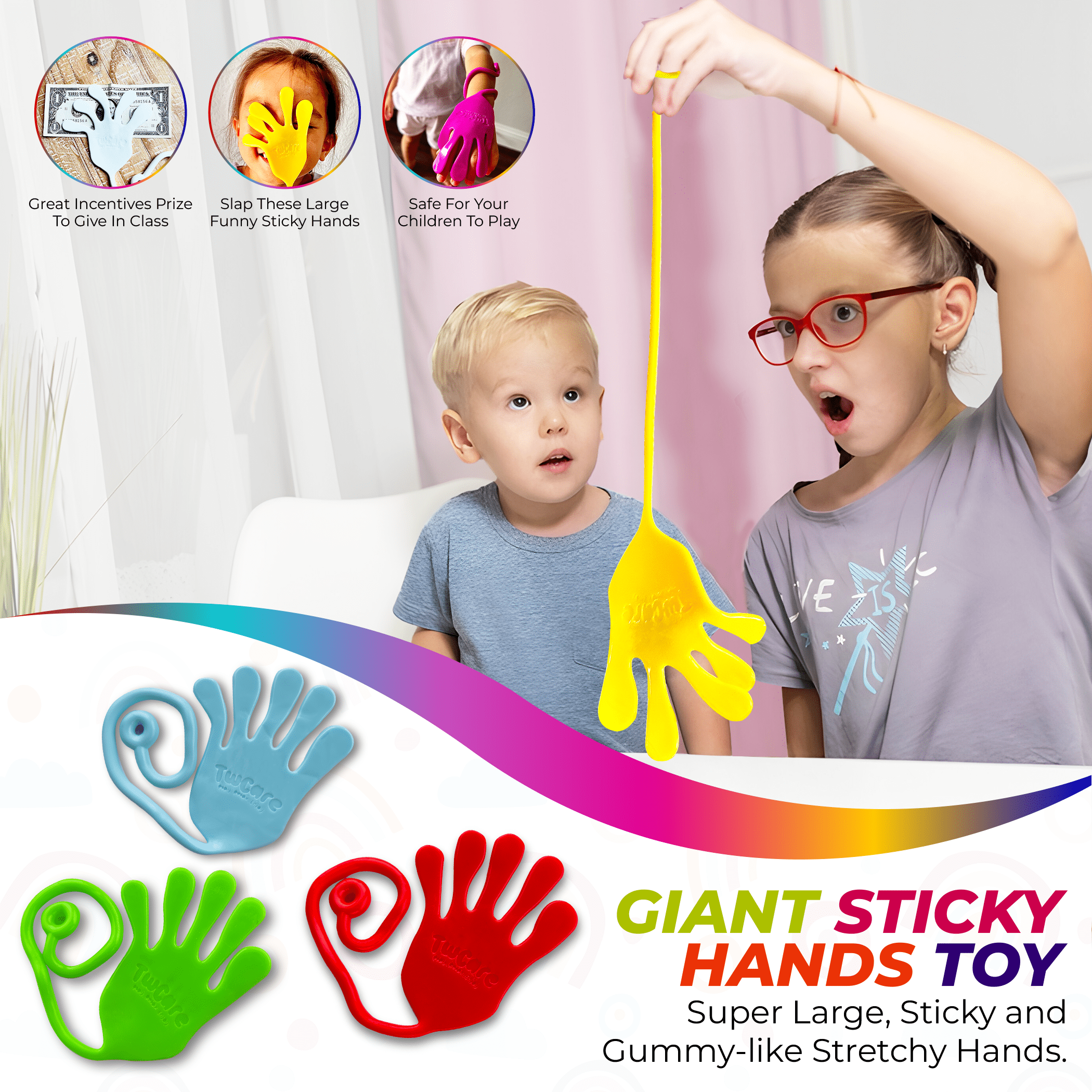 Giant Jumbo Original Sticky Hands (12 Pack Assorted) Mega Large Fun Stretchy Silly String Toy for Kid Adult,Stress Anxiety ADHD Relief,Party Favors,Birthday Gift,Goodie Bag Stuffers,Classroom Prizes