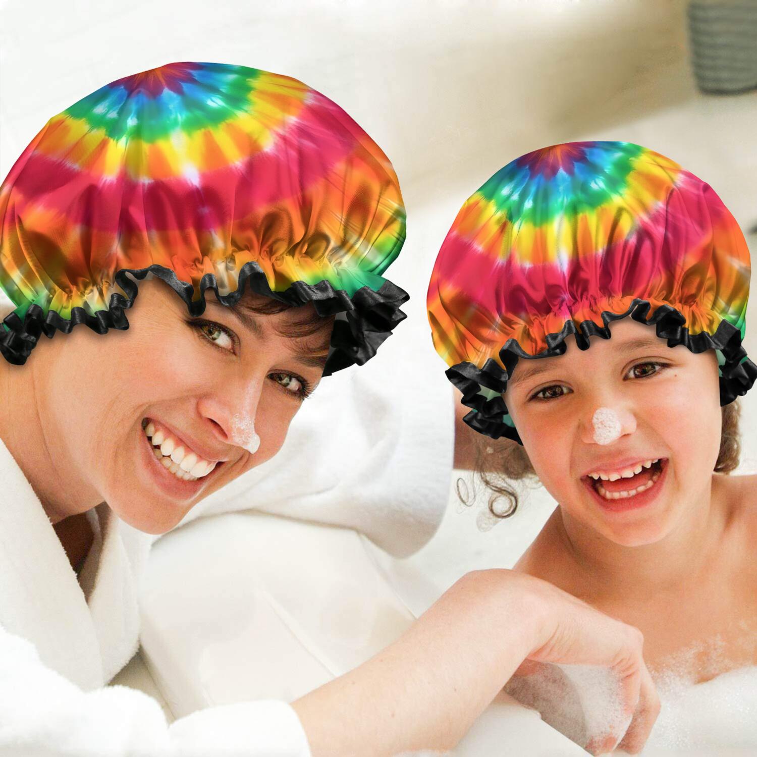 Shower Caps,Colorful Rainbow Tie Dye Spiral Pattern Waterproof Shower Cap for Women 4 Pieces,Double Reusable Hair Cover for Shower PEVA Elastic Stretch Hem
