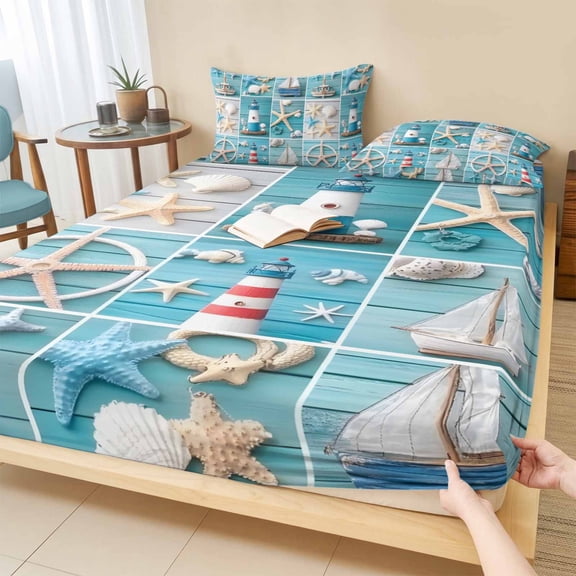 Twin XL Size Fitted Sheet Set - Nautical Beach 2 Piece Bedding Sets 16" Deep Pocket Fitted Sheet with 1 Pillowcases, Blue Coastal Starfish Lighthouse Starfish Brushed Microfiber Hotel Bed Sheets