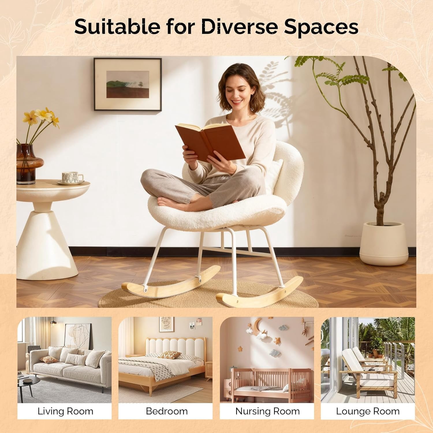 WLTER 25.6" Extra Wide Criss Cross Nursery Rocking Chair,Cute Curved 115° Reclining Armless Glider,Teddy Small Rocker w/Pillow & Solid Wood for Indoor,Bedroom, Living Room,Teddy Fleece,White