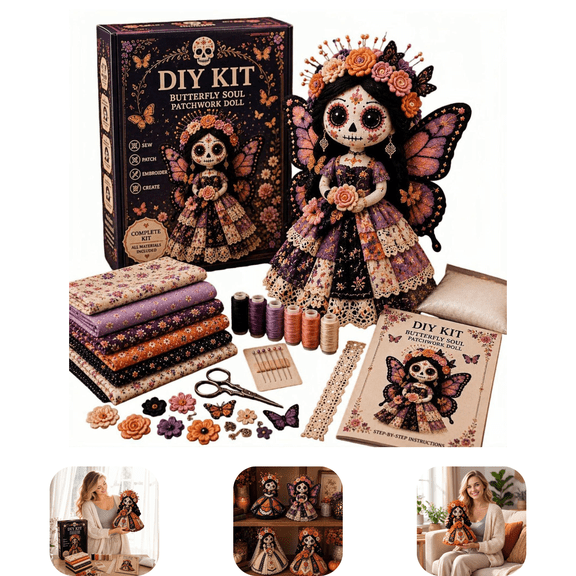 Day of the Dead Patchwork Doll DIY Kit, Sugar Skull Fabric Sewing Craft Kit for Adults, Vintage Mexican Folk Art Doll Making Set, Fall Home Decor Handmade Gift for Craft Lovers & Doll Collectors B