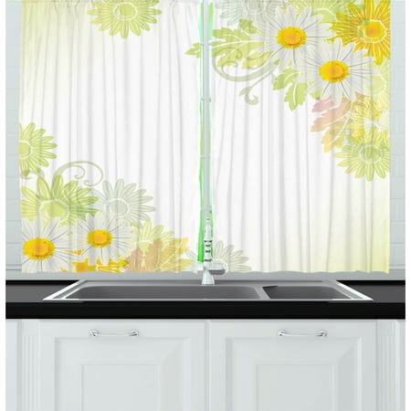 Oriental Curtain - Flower Curtains 2 Panels Set, Floral Daisies Abstract Oriental Details and Leaves with Sun like Art Print, Window Drapes for Living Room Bedroom, 55W X 39L Inches, White and Yellow, by Ambesonne