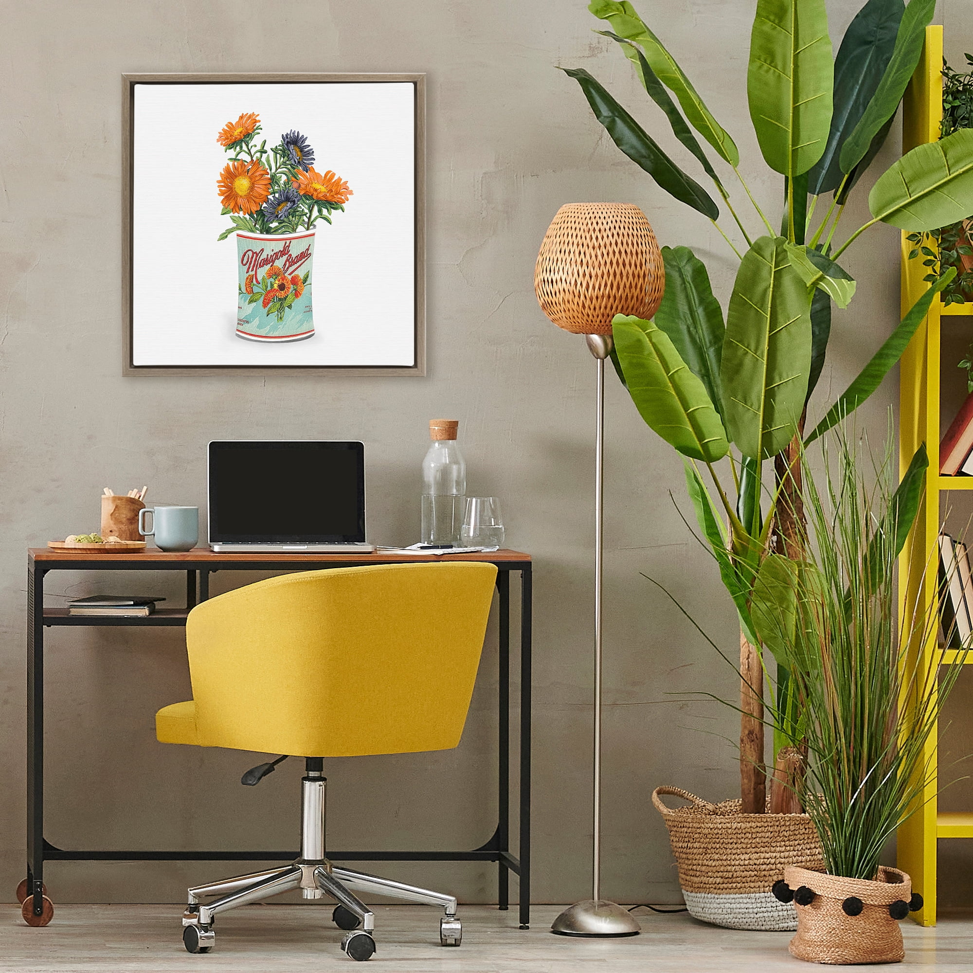 Stupell Industries Nostalgic Marigold Tin Bouquet Brown Framed Floater Canvas Wall Art, design by Val Rhodes