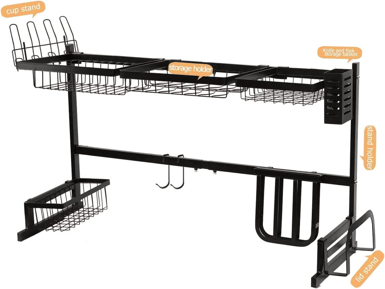 2-Tier Stainless Steel Over the Sink Dish Rack (Large, Black)