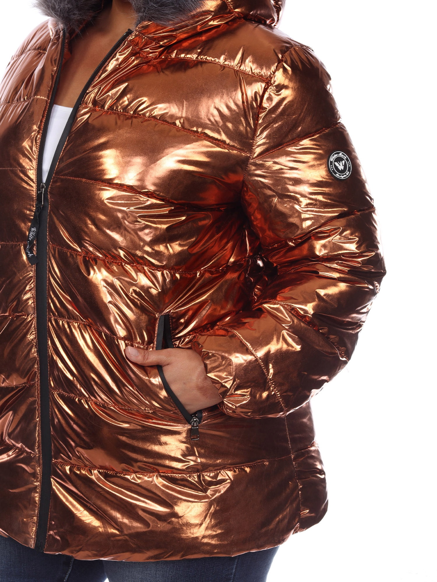 White Mark Women's Plus Size Metallic Hooded Puffer Coat
