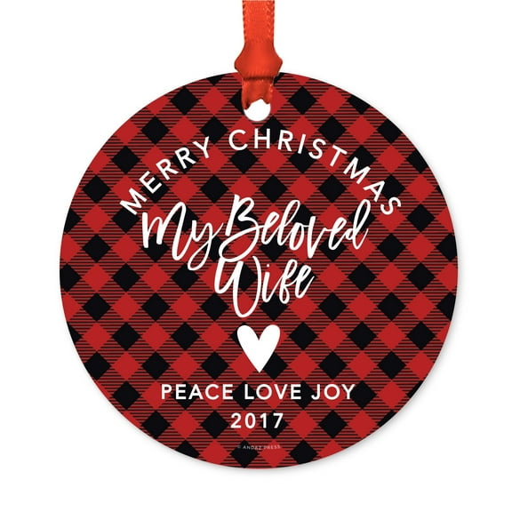 Family Metal Christmas Ornament, Merry Christmas My Beloved Wife 2017, Red Plaid, Includes Ribbon and Gift Bag