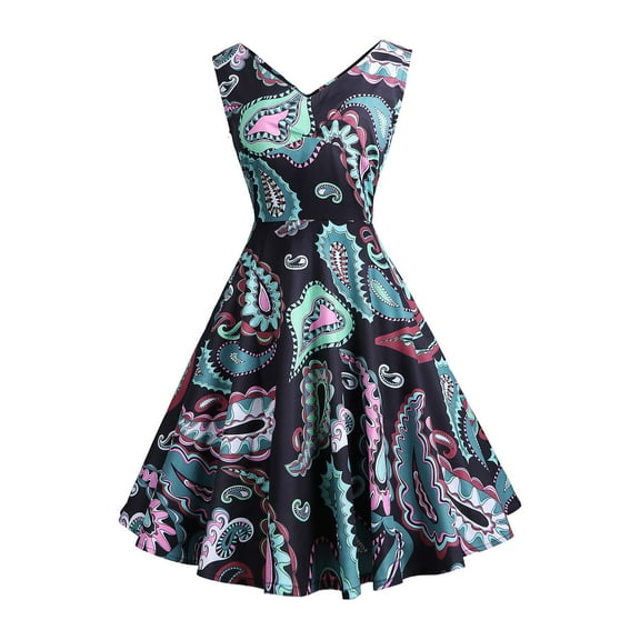 Ichuanyi Woman Dress, Summer Women's Summer Sleeveless Sexy V Neck Vintage Print Party Swing Dress