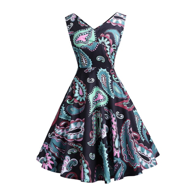 Leutsin Robe d'Été Sans Manches à Col en V à Imprimé Vintage Évasée pour Femme Grande Taille