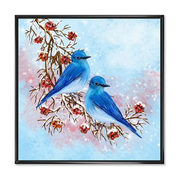 Designart 'Two Blue Birds Sitting On A Branch With Berries In Winter' Traditional Framed Canvas Wall Art Print