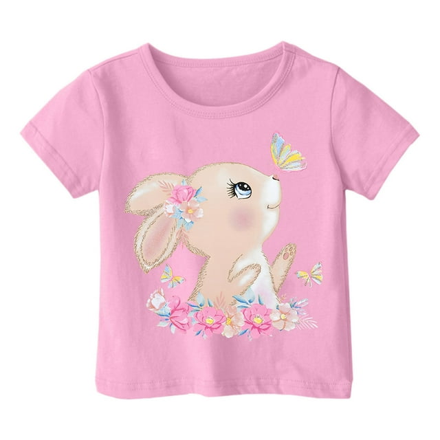 WEIYLL T-Shirts Fille Décontractés Imprimé Lapin Dessin Animé Col Rond Manches Courtes Amples Rose Vêtements Enfants 3-4 Ans