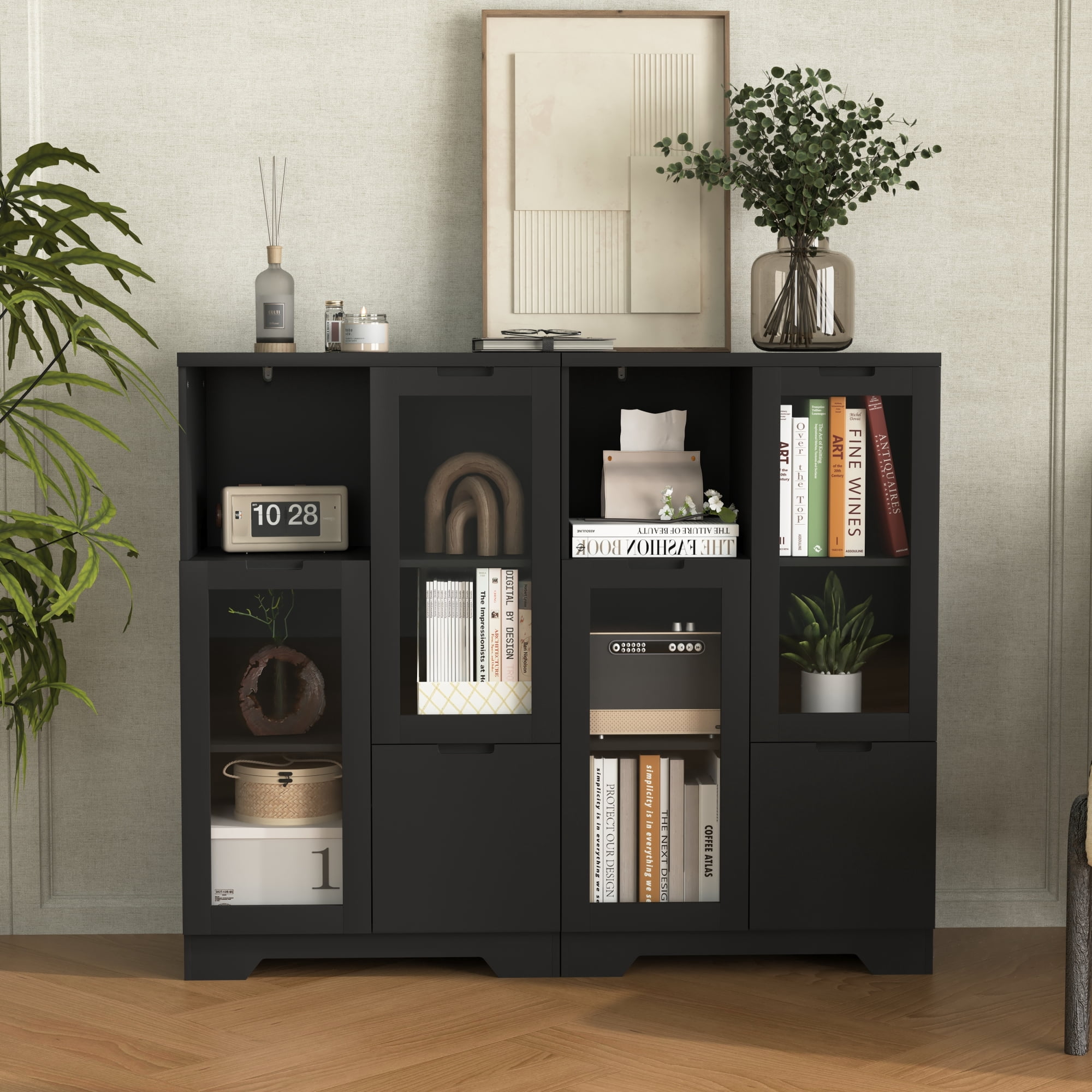 Leumius Sideboard Cabinet with Storage,Buffet Cabinet with Glass Doors & Drawer,Open Storage Cabinet for Living room,Black