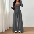 thumbnail image 5 of Long Sleeve Jumpsuit for Women Ruched One Piece Wide Leg Jumpsuit Baggy Square Neck Workout Romper with Pockets, L, 5 of 6