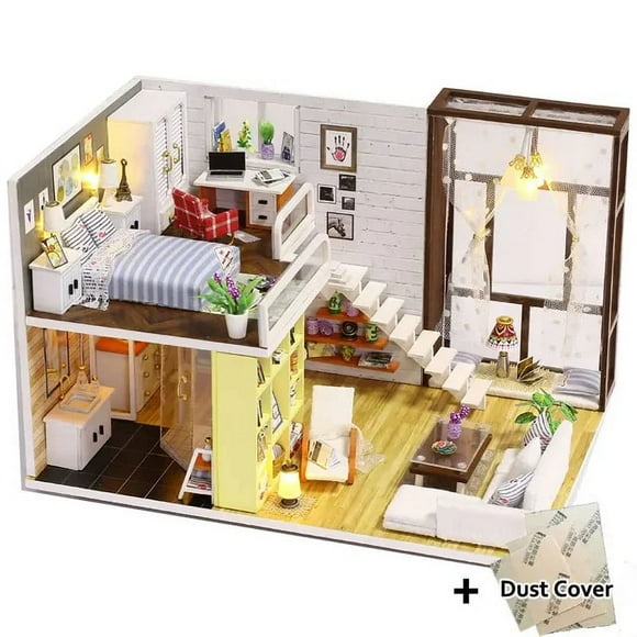 DIY DollHouse Toy Miniature Wooden Doll House Loft with Kitchen Bedroom Christmas Gift Doll Furniture Toys for Children Cottage