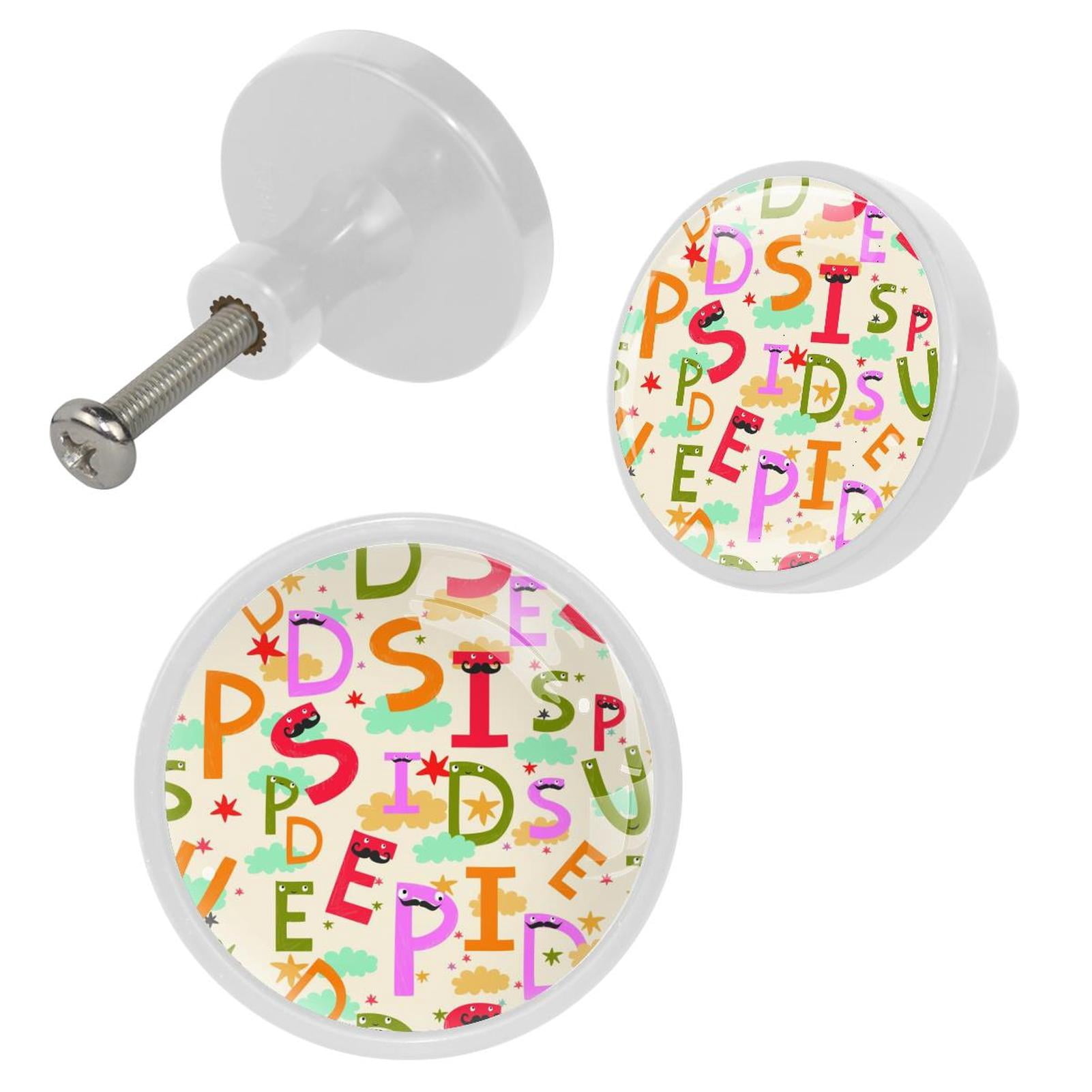 4 Pcs Funny Letters Knobs for Kitchen Cabinet Cupboard Dresser Bookcase Drawer Pulls Handles Round Home Decor