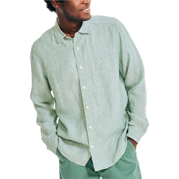 Nautica Mens Woven Linen Button Up Shirt, ltpasgrn, 2XL Neck