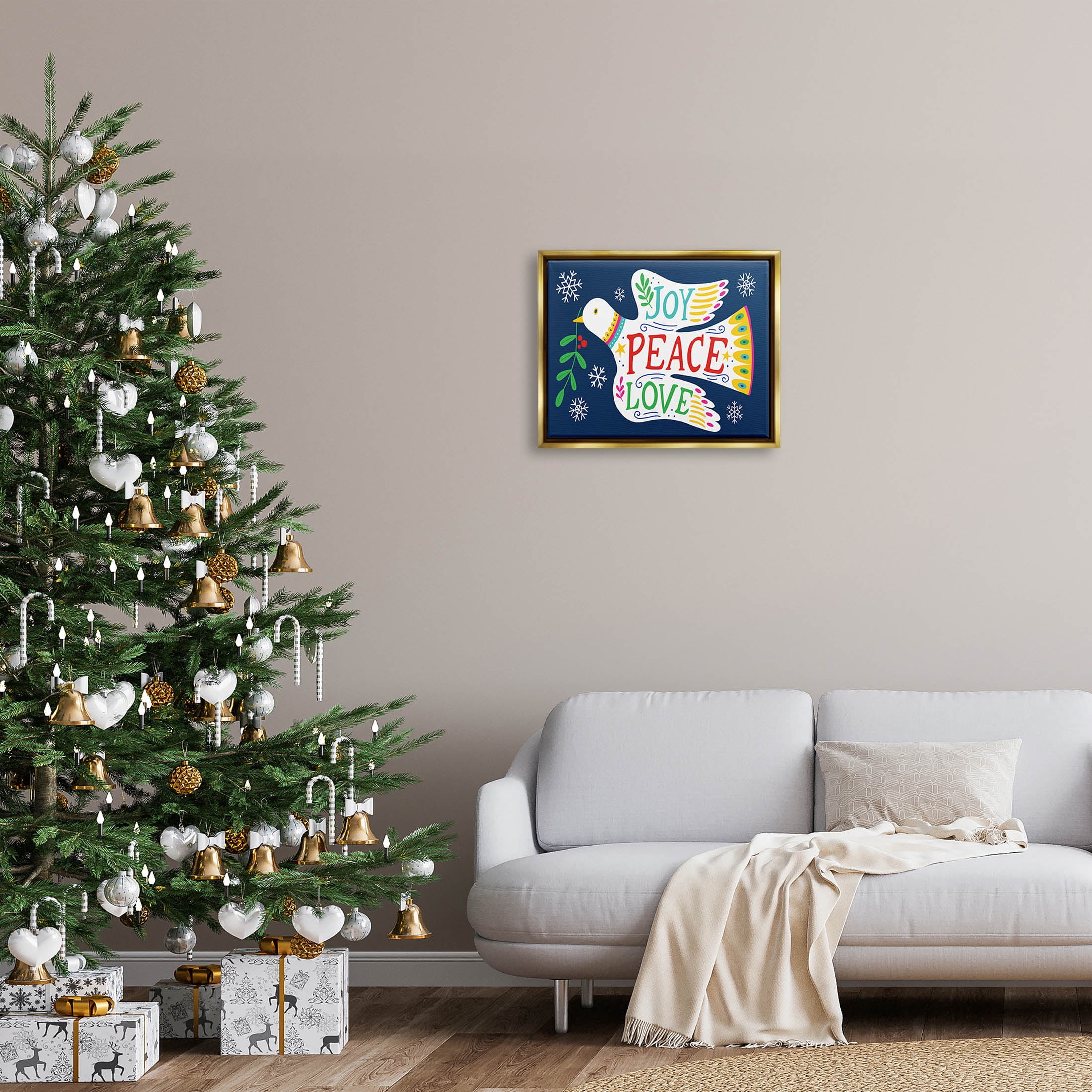 Joy Peace Love Dove Holly Sprig Holiday Graphic Art Metallic Gold Framed Art Print Wall Art
