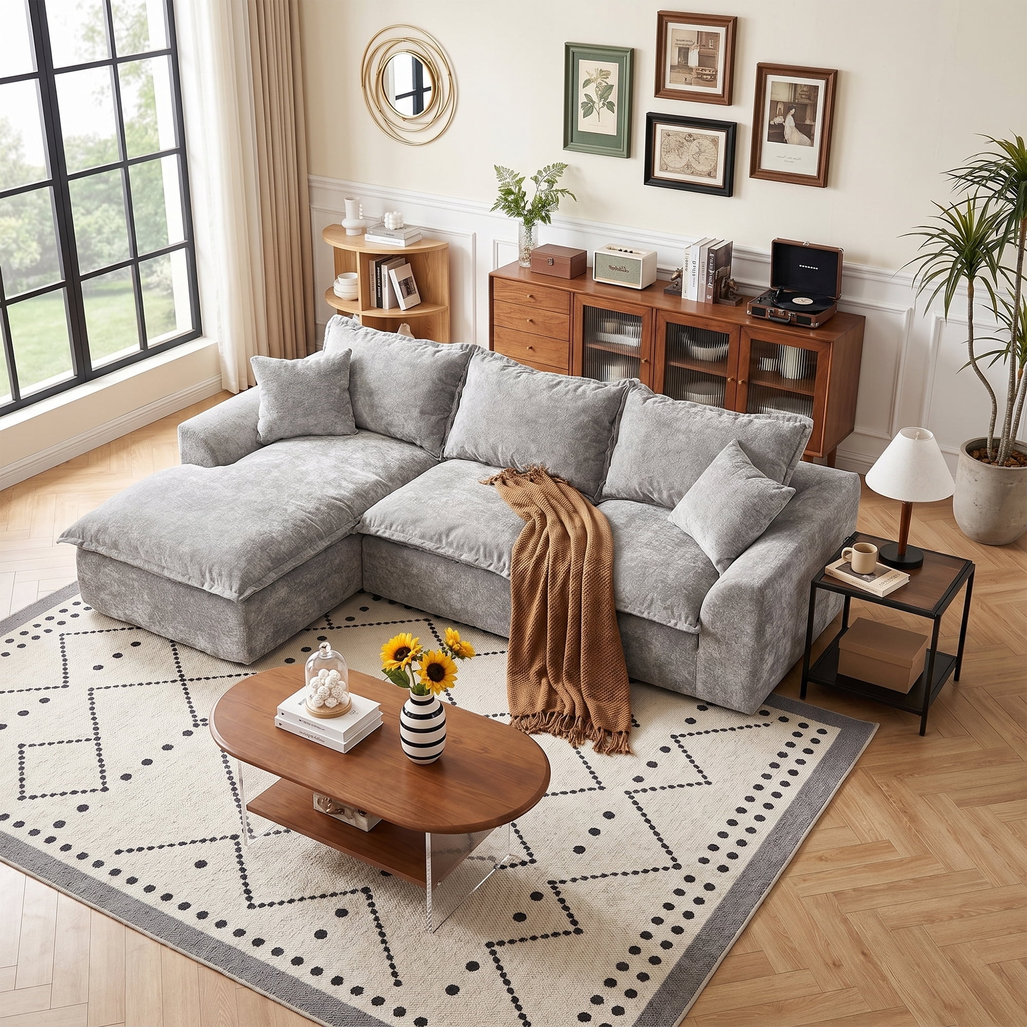 LEHZROAJ 103" Chenille Compressed Sofa,L Shaped Sectional Couch Pillows No Assembly Required for Living Room(Gray,Left)