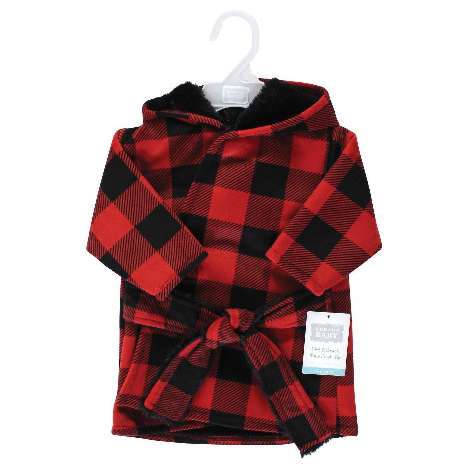 Hudson Baby Mink with Faux Fur Lining Pool and Beach Robe Cover-ups, Buffalo Plaid, 6-12 Months