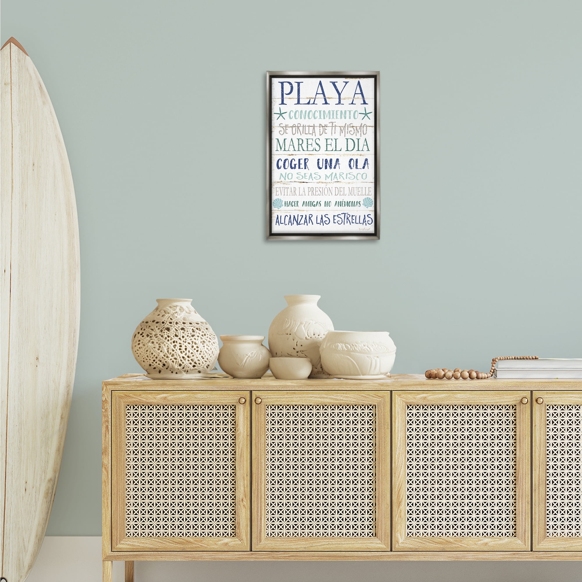 Stupell Industries Frases Felices De Playa Beach Painting Gray Floater Framed Art Print Wall Art, 17 x 25