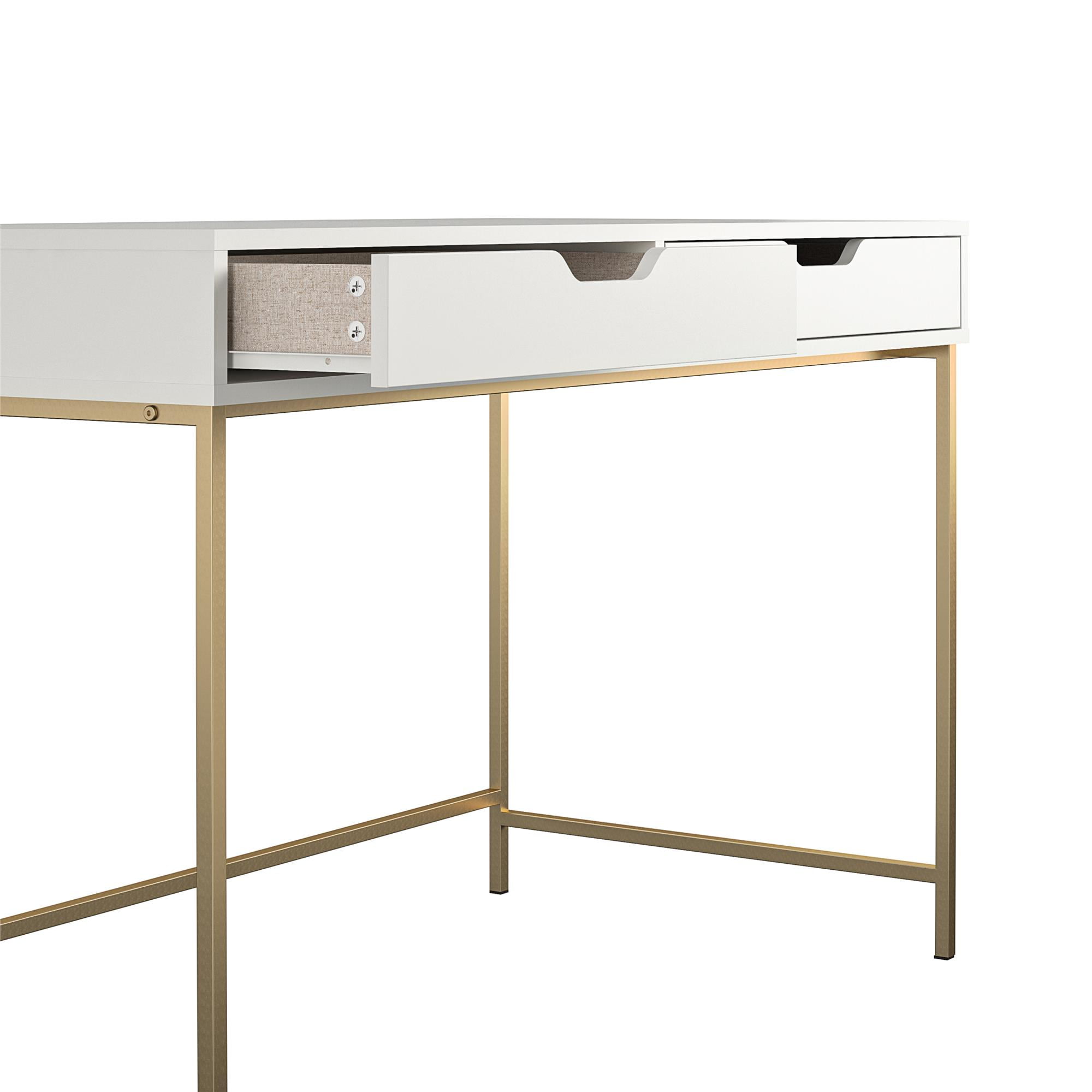 Aupodin Farmhouse Rattan 39.4 in. Retangular White/Gold Wood Computer Desk Writing Desk with 2-Drawer and Side Storage, White and Gold