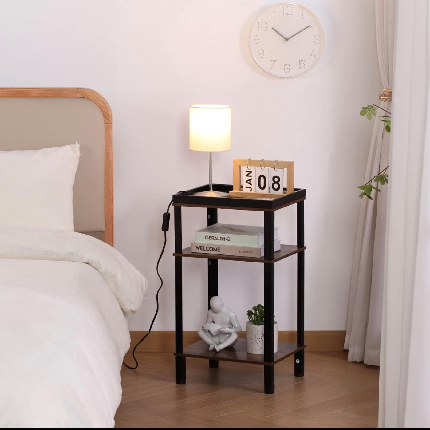 Small Side Table for Small Spaces - Slim End Table with Magazine Holder - 2 in 1 Design Narrow End Table Living Room - Skinny Bedside Table Nightstand Bedroom Thin Side Table, Rustic Brown