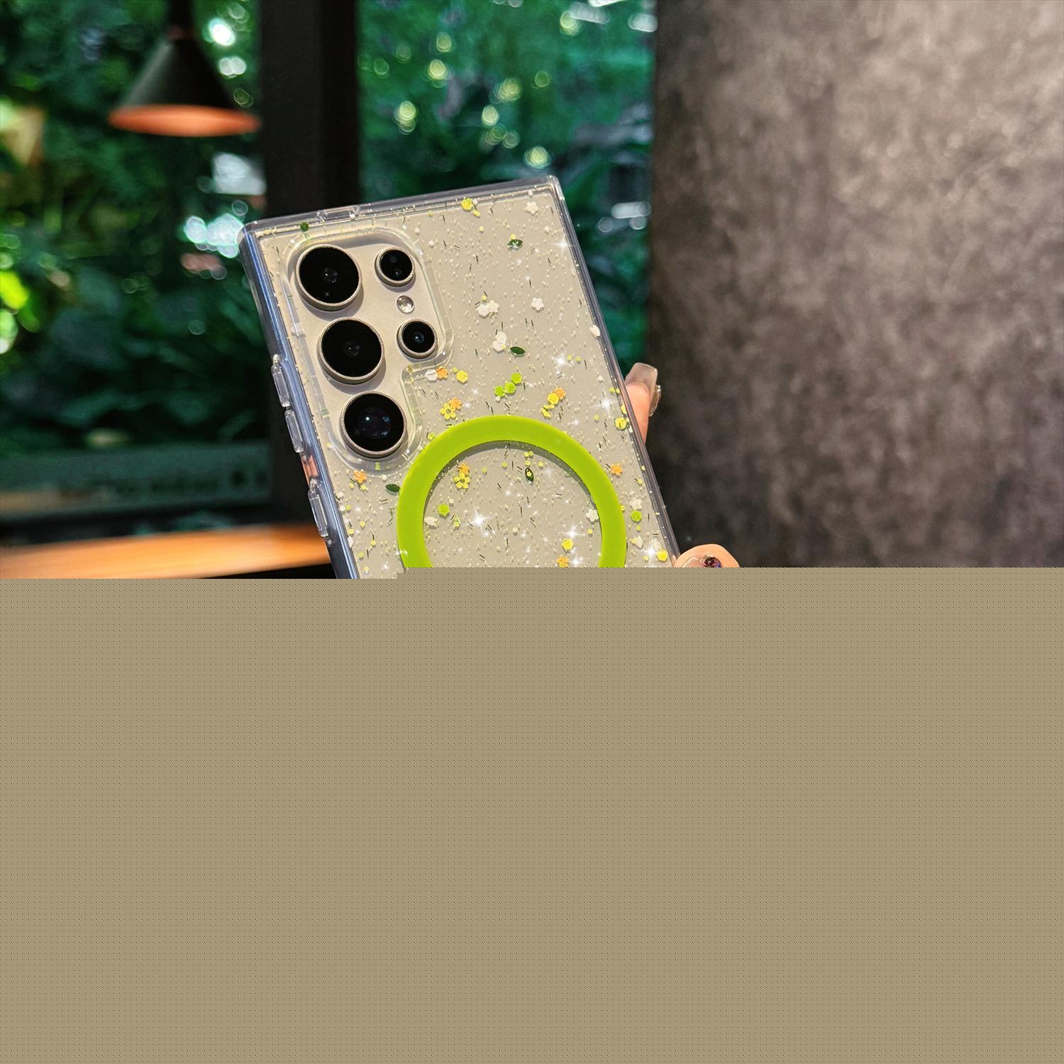 Allytechgroup Magnetic Glitter Case for Samsung Galaxy S24 Ultra, Compatible with Mag-safe Anti-Yellowing Slim Lightweight Shockproof Rugged Heavy Duty Durable Cover Case for Women Girls, Green