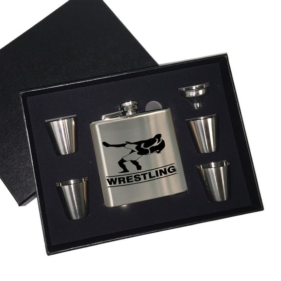 KuzmarK 6 oz. Stainless Steel Flask Set in Black Presentation Box -  Wrestling Match