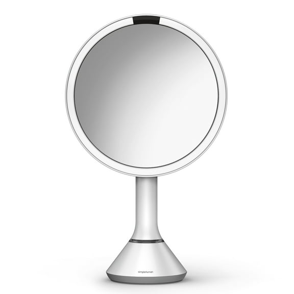 simplehuman 8" Round Sensor Makeup Mirror with Touch-Control Dual Light Settings, 5x Magnification, Rechargeable and Cordless, White Stainless Steel