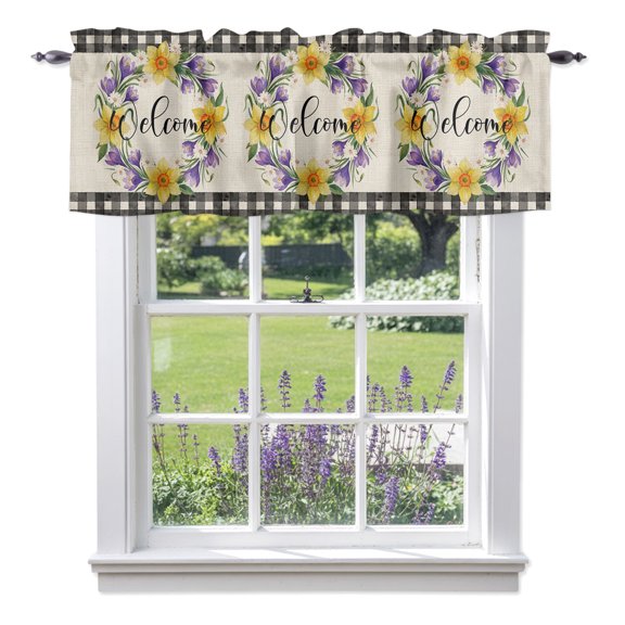 Welcome Valances for Windows, Vintage Purple Yellow Floral Wreath Linen Texture Valance Window Treatment Rod Pocket Short Curtains Valances for Kitchen Bathroom 42"W x 12"L