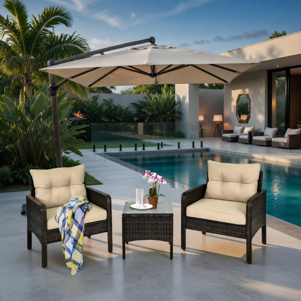 Hommoo 3-Piece Outdoor Wicker Patio Conversation Set with Plush Seat & Back Cushions, PE Rattan Chairs + Tempered Glass Coffee Table, Brown