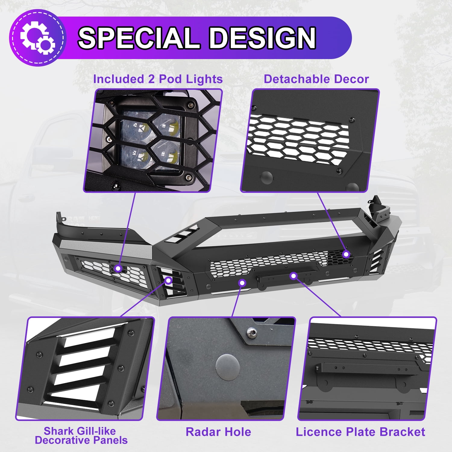 Front Bumper for 2013-2018 Dodge RAM 1500 Pickup Truck(w/o Rebel)2019-2024 Ram 1500 Classic(w/o Warlock),Paintable Bumper w/Bull Bar,LED Pod Light & Light Bar Bracket